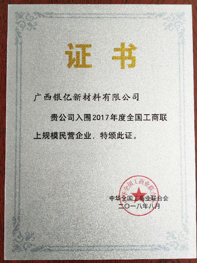 廣西銀億入圍中華全國工商業(yè)聯(lián)合會頒發(fā)的“上規(guī)模民營企業(yè)”